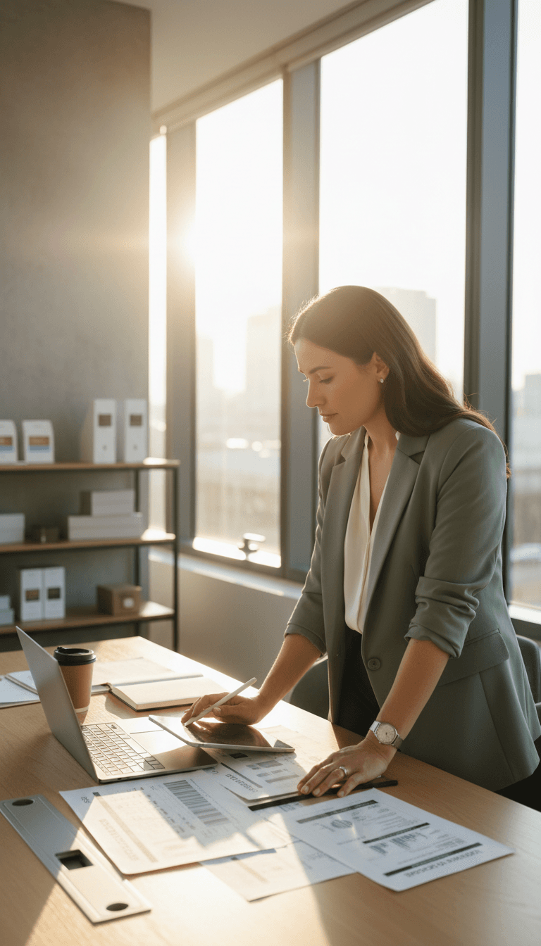 Professional reviewing wholesale distribution data at modern workspace