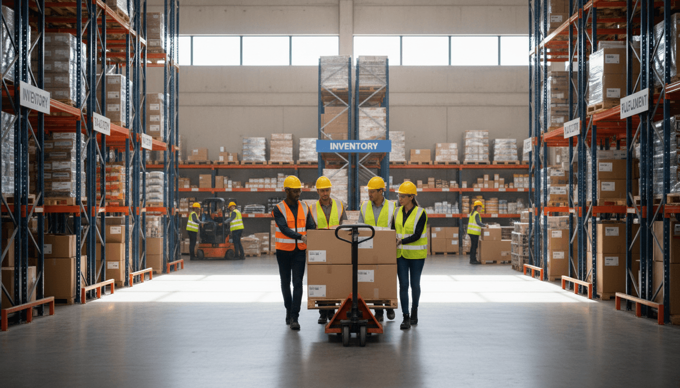 Logistics team in safety vests efficiently moving boxes with hand truck in organized warehouse with stacked pallets and storage racks